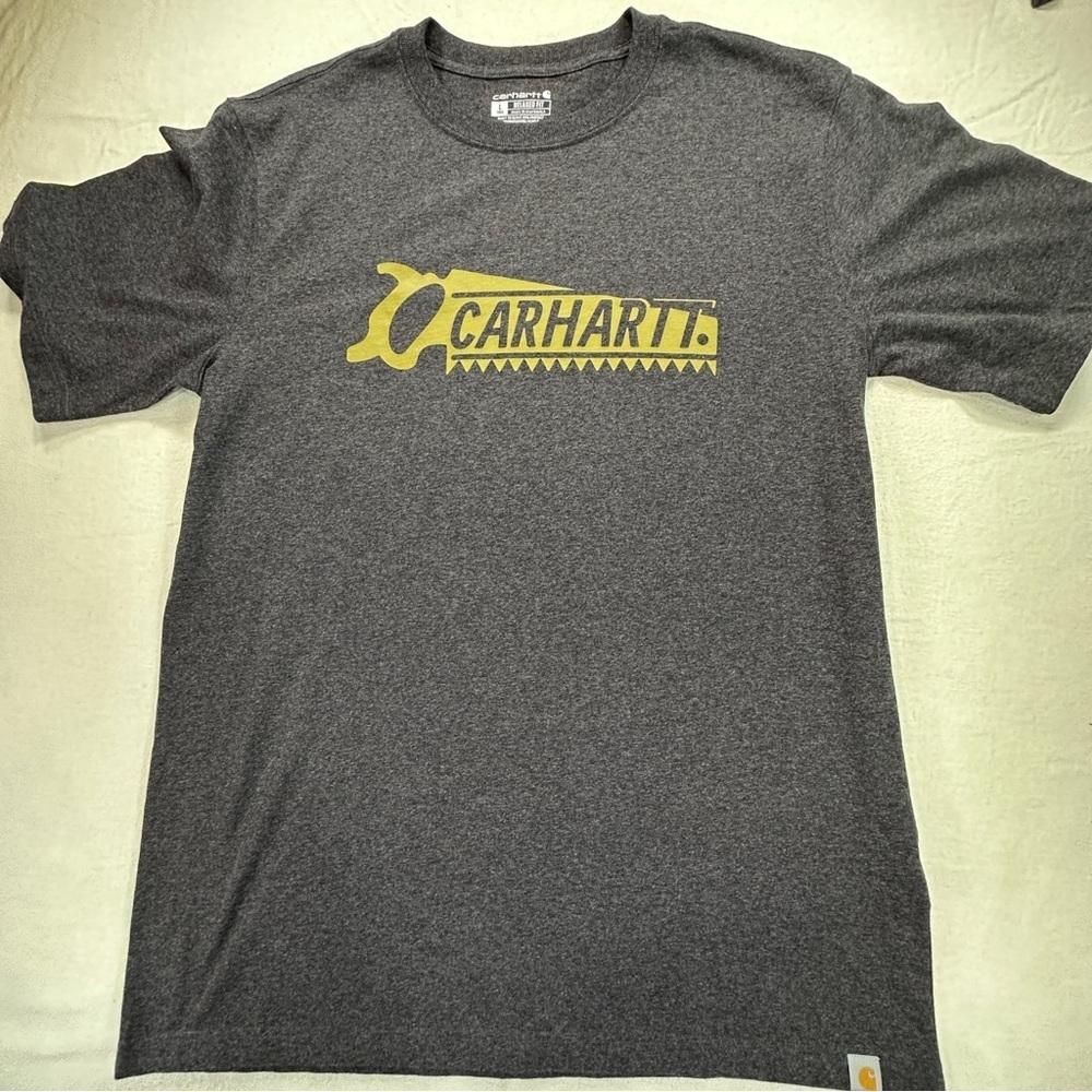 Carhartt Men's Charcoal and Yellow Relaxed Fit Saw Graphic Tee Sz L
